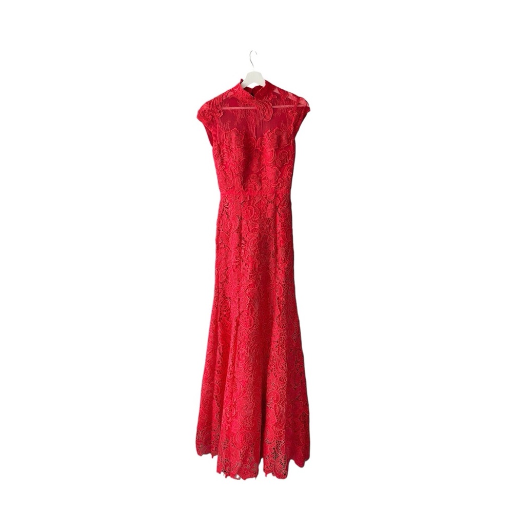 Custom Red Chinese Qipao Cheongsam Wedding Dress Lace Beaded Full Length